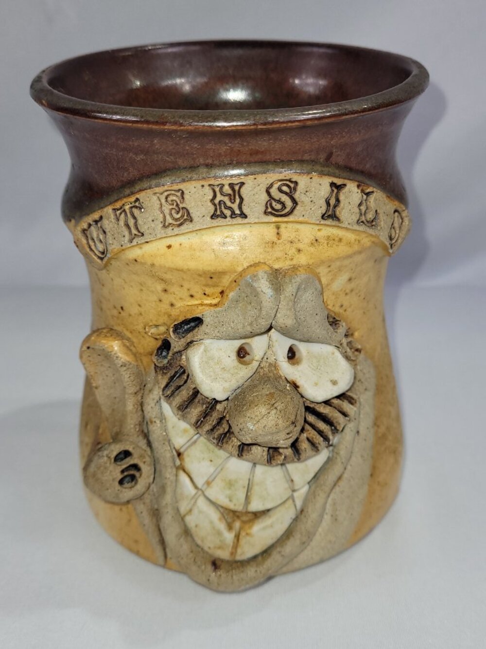 Ugly Pottery 6" Utensils Holder Vintage Clay 3D Goblin Face